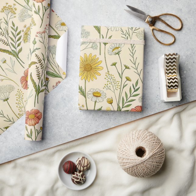 Papel De Presente Flores Silvestres Amarelas Ensolaradas e Flores De (Artesanato)