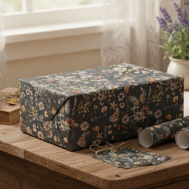 Papel De Presente Flores Silvestres Boho Aguarela Cinza Carvão (Criador carregado)