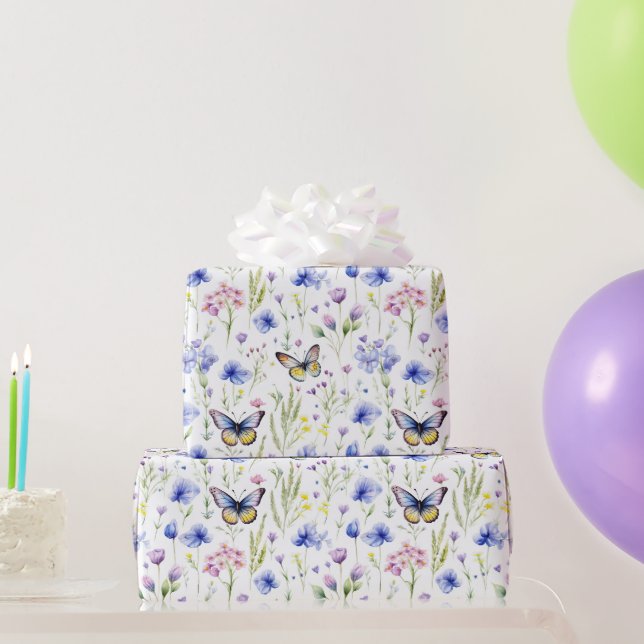 Papel De Presente Flores Silvestres Borboletas Azul Amarelo Chá de B (Presentes para festas)