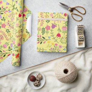 Papel De Presente Flores Silvestres de Primavera no Amarelo