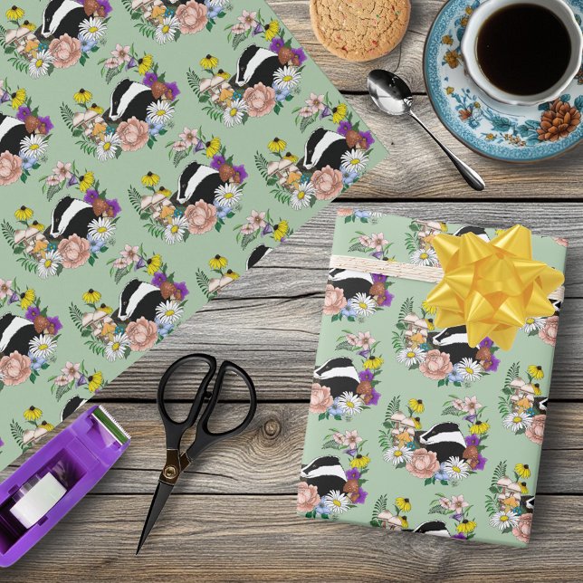 Papel De Presente Flores Silvestres de Texugo da Floresta Cogumelos  (Criador carregado)