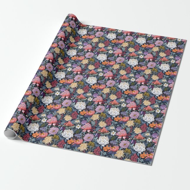 Papel De Presente Flores Silvestres em Preto (Desenrolado)