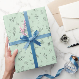 Papel De Presente Flores Silvestres Esboçadas em Verde Claro