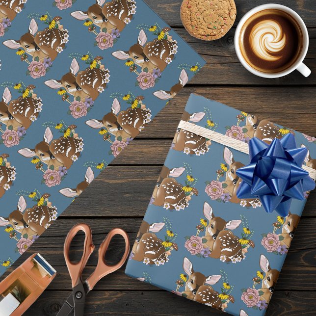 Papel De Presente Flores Silvestres Fofas Corça Azul Bebê Deer Flore (Criador carregado)