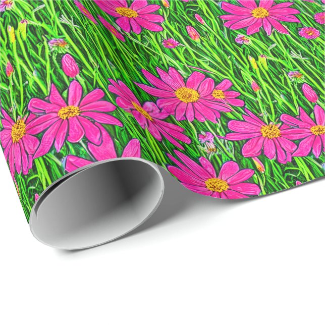 Papel De Presente Flores silvestres rosa fúcsia em um campo    (Ponta do rolo)