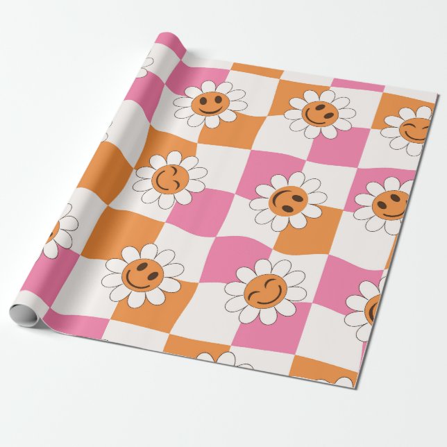Papel De Presente Flores sorridentes retrô em tabuleiros de xadrez d (Desenrolado)
