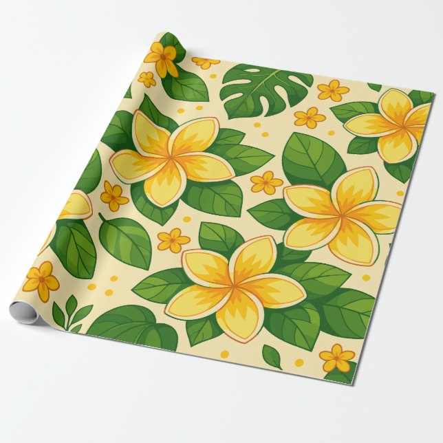Papel De Presente Flores Tropicais Amarelas com Folhas Verdes Luxuri (Desenrolado)