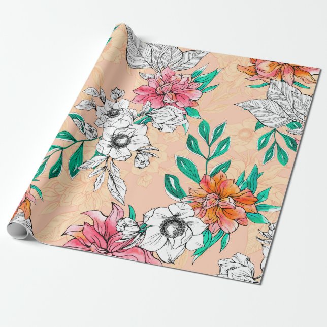 Papel De Presente Flores tropicais aquáticas, sem costura, romântica (Desenrolado)