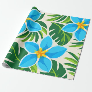 Papel De Presente Flores Tropicais Azuis e Padrão de Folhagem Verde