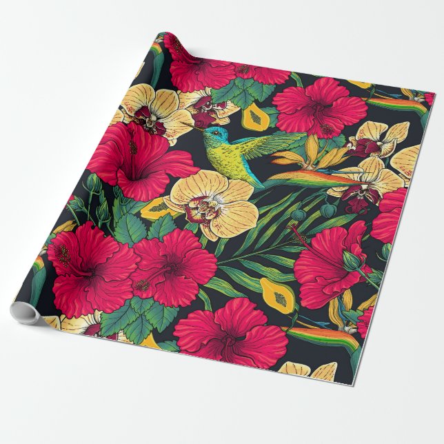 Papel De Presente Flores Tropicais e Beija-flor - Botanica de Verão (Desenrolado)