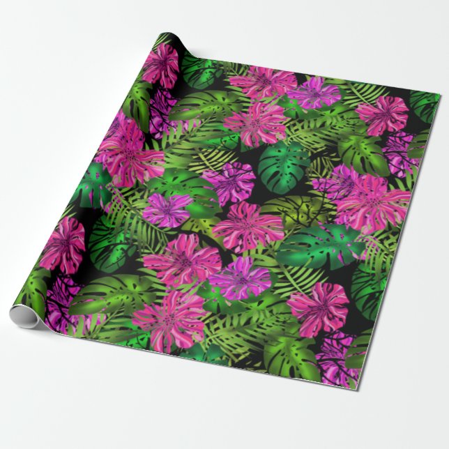 Papel De Presente Flores tropicais e plantas a preto (Desenrolado)