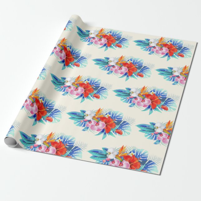Papel De Presente Flores Tropicais Exóticas - Rosa e Aquamarino (Desenrolado)