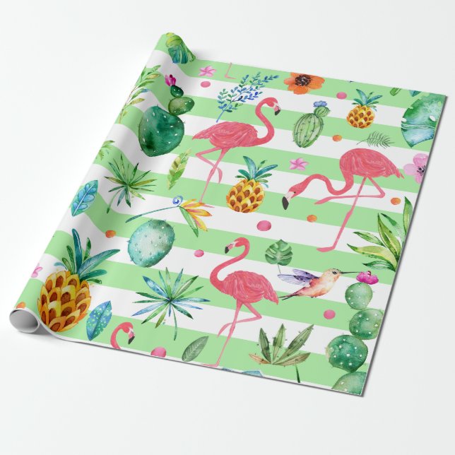 Papel De Presente Flores Tropicais Mint-Green & White e Flamingos (Desenrolado)