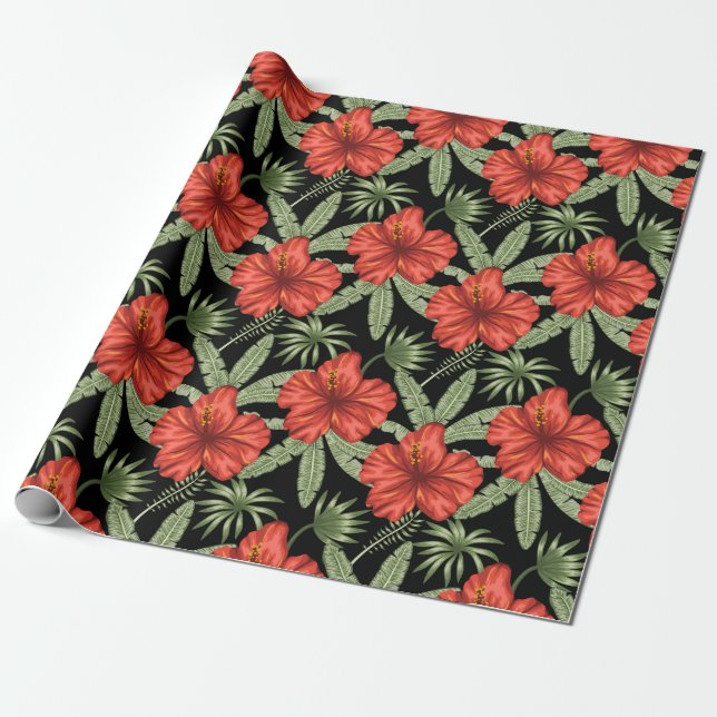Papel De Presente Flores tropicais vermelhas Folhas verdes (Desenrolado)