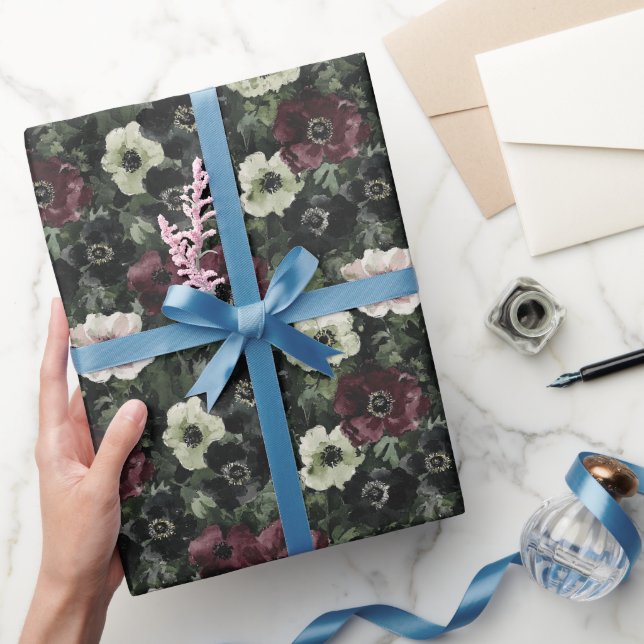 Papel De Presente Flores Verde Branco Borgonha Aniversário (Presentear)