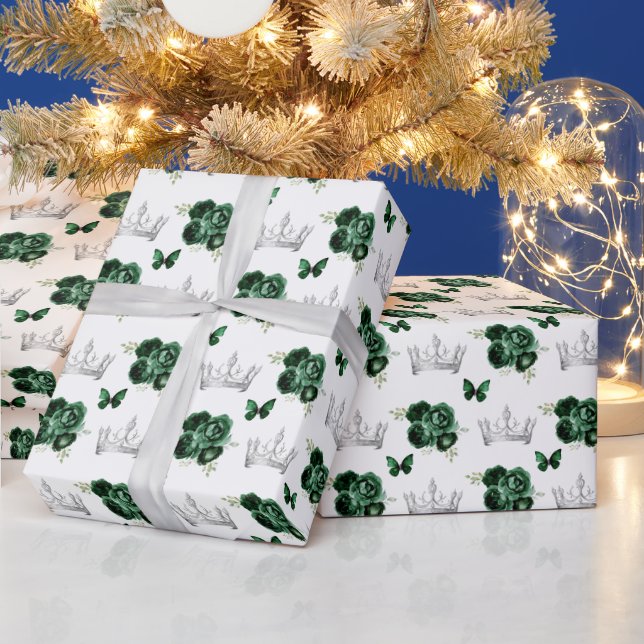 Papel De Presente Flores Verde Escuro e Coroas de Prata (Feriados)