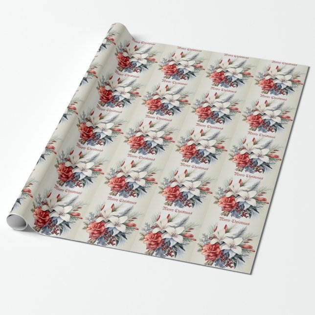 Papel De Presente Flores Vermelhas Brancas de Natal Elegantes (Desenrolado)