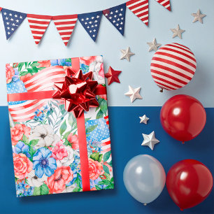 Papel De Presente Flores Vermelhas Brancas E Azuis Patrióticas 4 De