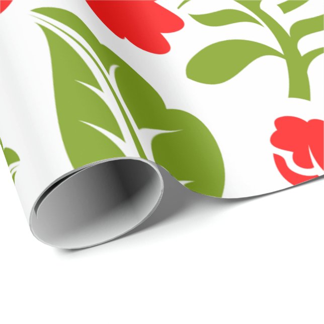Papel De Presente Flores vermelhas com folhas verdes criam um vibran (Ponta do rolo)