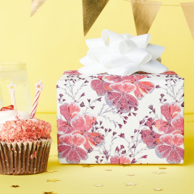 Papel De Presente Flores vermelhas cor-de-rosa em branco. (Festa de aniversário)
