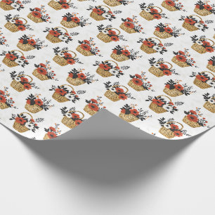 Papel De Presente Flores Vermelhas e Brancas em Cestas de Branco