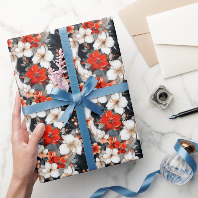Papel De Presente Flores Vermelhas e Brancas em Mármore (Presentear)