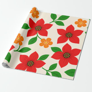 Papel De Presente Flores Vermelhas e Laranjas com Folhas Verdes