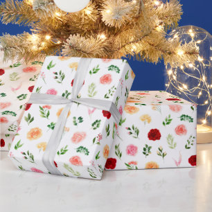 Papel De Presente Flores Vermelhas e Laranjas com Padrão de Folhagem