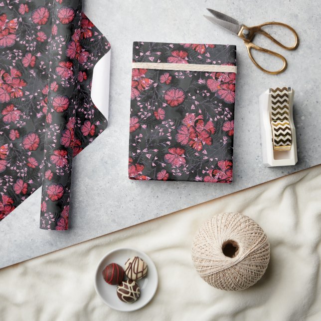 Papel De Presente Flores vermelhas em uma cinza preta. (Artesanato)