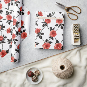 Papel De Presente Flores Vermelhas Folhas Pretas Aniversário