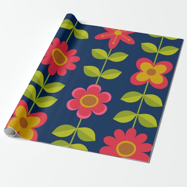 Papel De Presente Flores vermelhas Modernas de Meados do Século com  (Desenrolado)