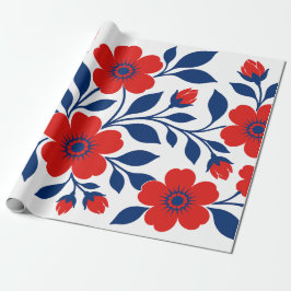 Papel De Presente Flores Vermelhas Ousadas e Folhas Azuis Marinho