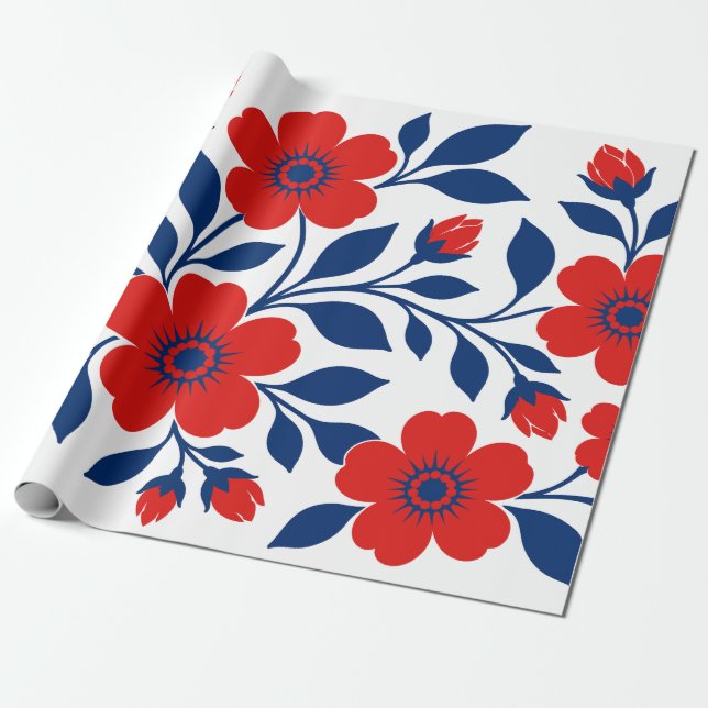 Papel De Presente Flores Vermelhas Ousadas e Folhas Azuis Marinho (Desenrolado)