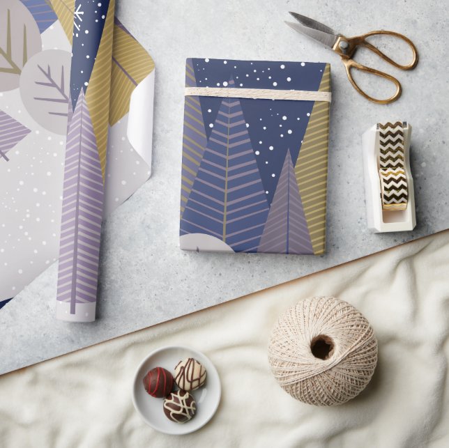 Papel De Presente Floresta boêmica com azul marinho, Natal (Artesanato)