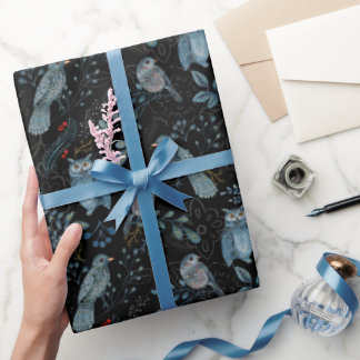 Papel De Presente Floresta Botânica de Madeira Azul-Coruja Natal