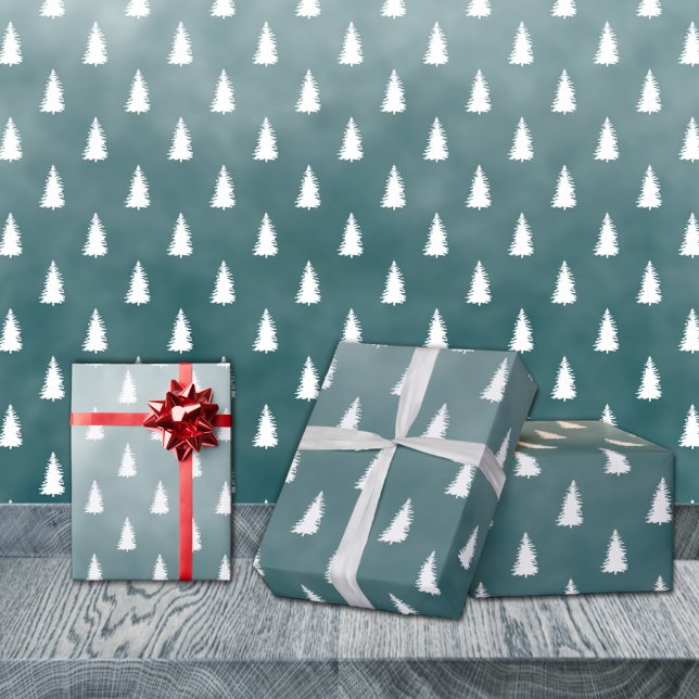 Papel De Presente Floresta Branca de Florestas Azuis (White Woodland Forest Trees Blue Spruce Christmas Holiday Gift Wrapping Paper Rolls)