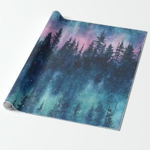 Papel De Presente Floresta da Aurora Boreal em Aquarela (3)