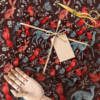 Papel De Presente Floresta de Arte Popular Nórdica | Animais da Flor