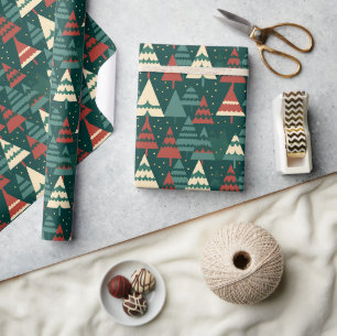 Papel De Presente Floresta de Árvore de Natal Presente Verde Vermelh