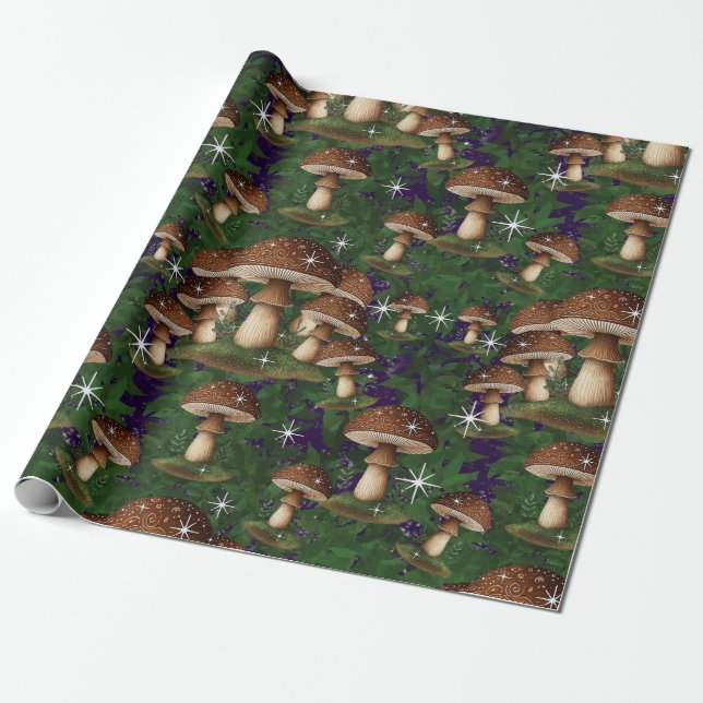 Papel De Presente Floresta de Cogumelo Whimsical - Natureza Encantad (Desenrolado)