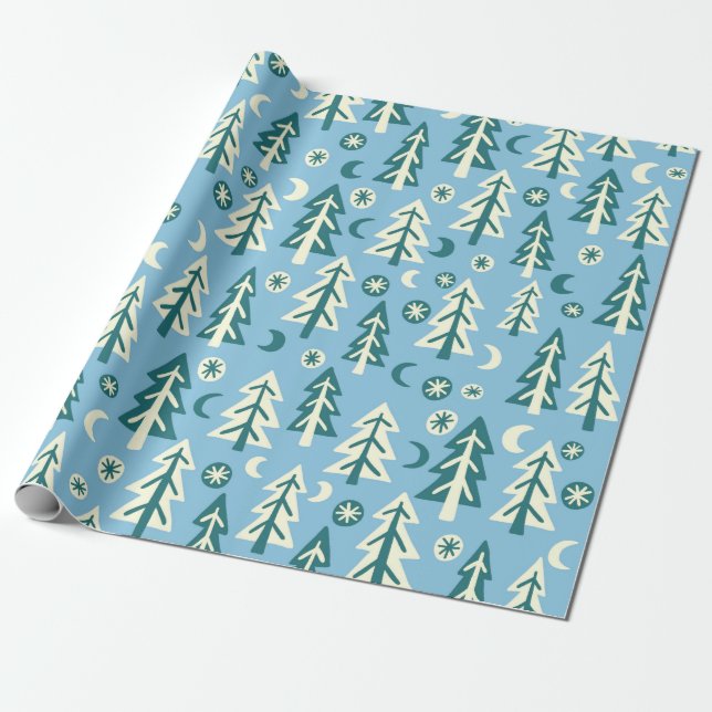 Papel De Presente Floresta de Inverno Árvores de Pinheiro Lua Estrel (Desenrolado)