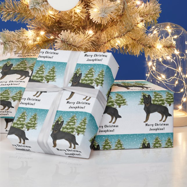 Papel De Presente Floresta de inverno Bi-Black German shepherd Snowy (Feriados)