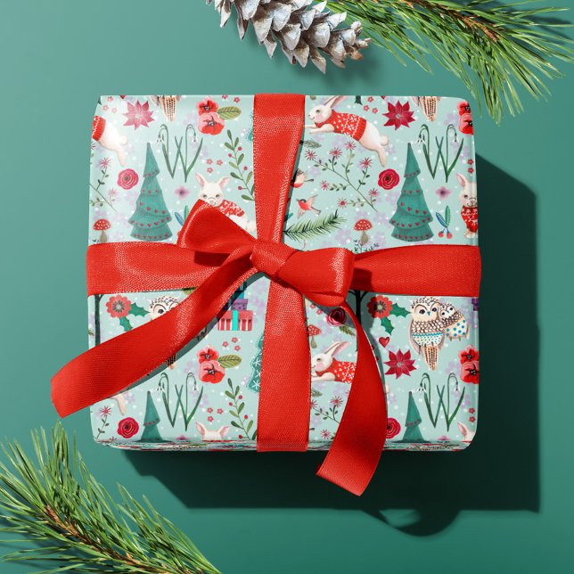 Papel De Presente Floresta de inverno Blue & red Woodland (Cute woodland animals and Penguins Christmas Holiday wrapping paper.)