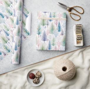 Papel De Presente Floresta de Inverno de Natal em Aquarela Pastel