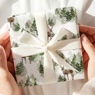 Papel De Presente Floresta de inverno de Veado de Aquarela