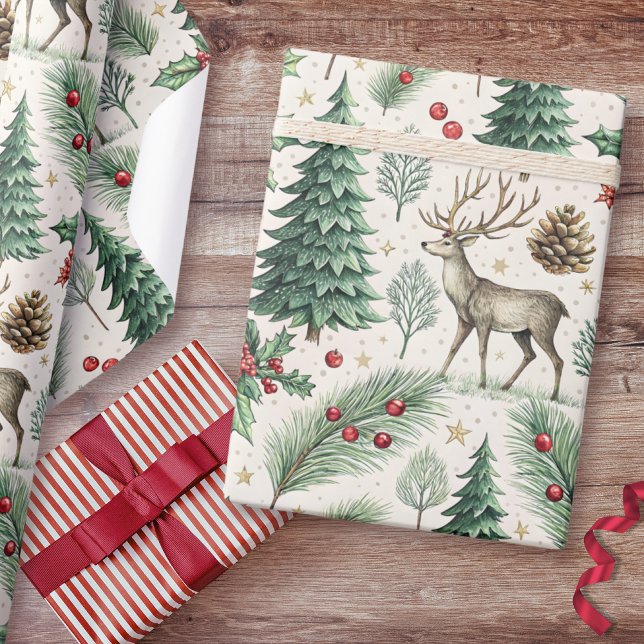 Papel De Presente Floresta de Inverno em Aquarela Veado Natal (Criador carregado)