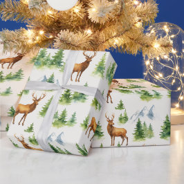 Papel De Presente Floresta de Inverno em Aquarela - Veados e Árvores