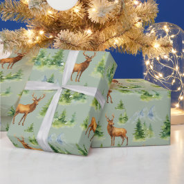 Papel De Presente Floresta de Inverno em Aquarela - Veados e Árvores