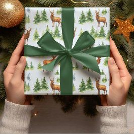 Papel De Presente Floresta de Inverno em Aquarela - Veados e Árvores