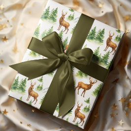 Papel De Presente Floresta de Inverno em Aquarela - Veados e Árvores